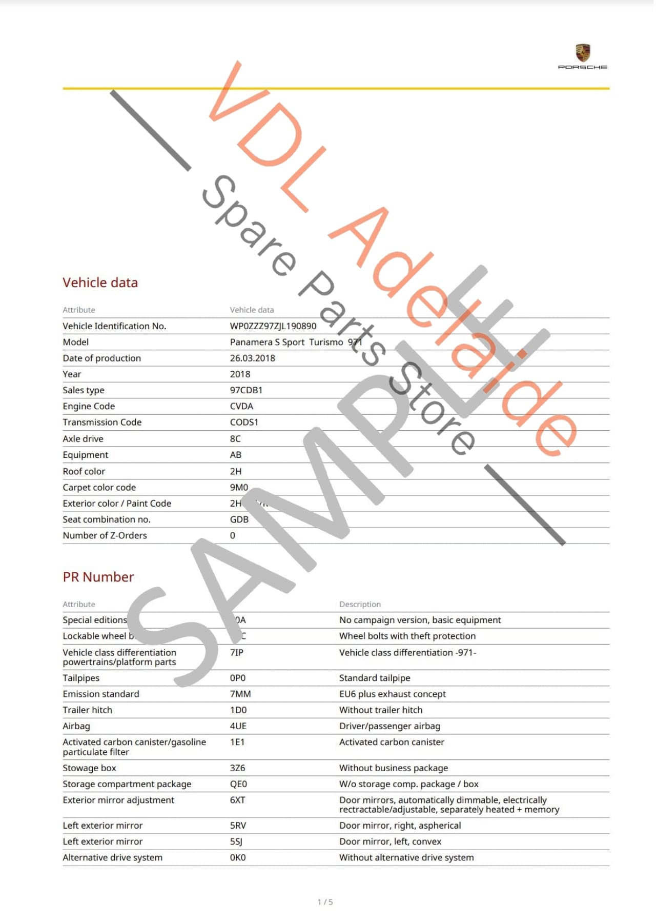 Porsche VIN Digital Report - Option Codes Build Date Colour