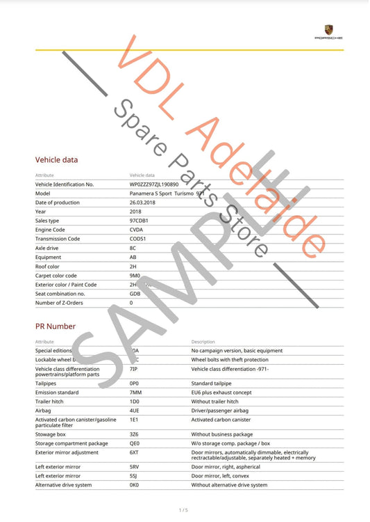 Porsche VIN Digital Report - Option Codes Build Date Colour