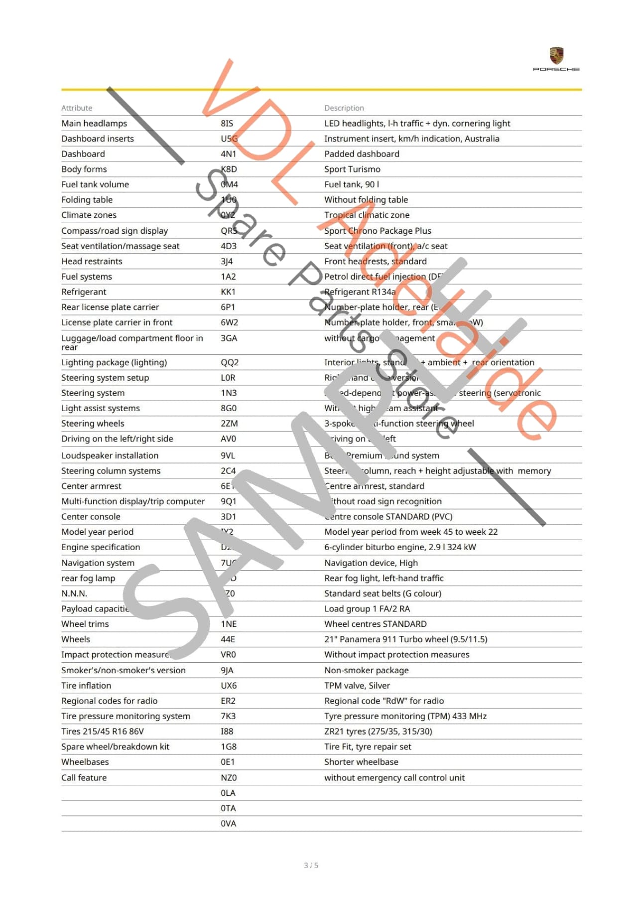 Porsche VIN Digital Report - Option Codes Build Date Colour