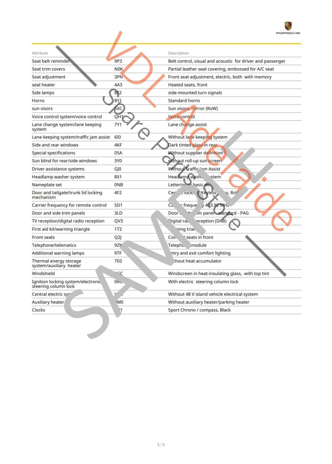 Porsche VIN Digital Report - Option Codes Build Date Colour