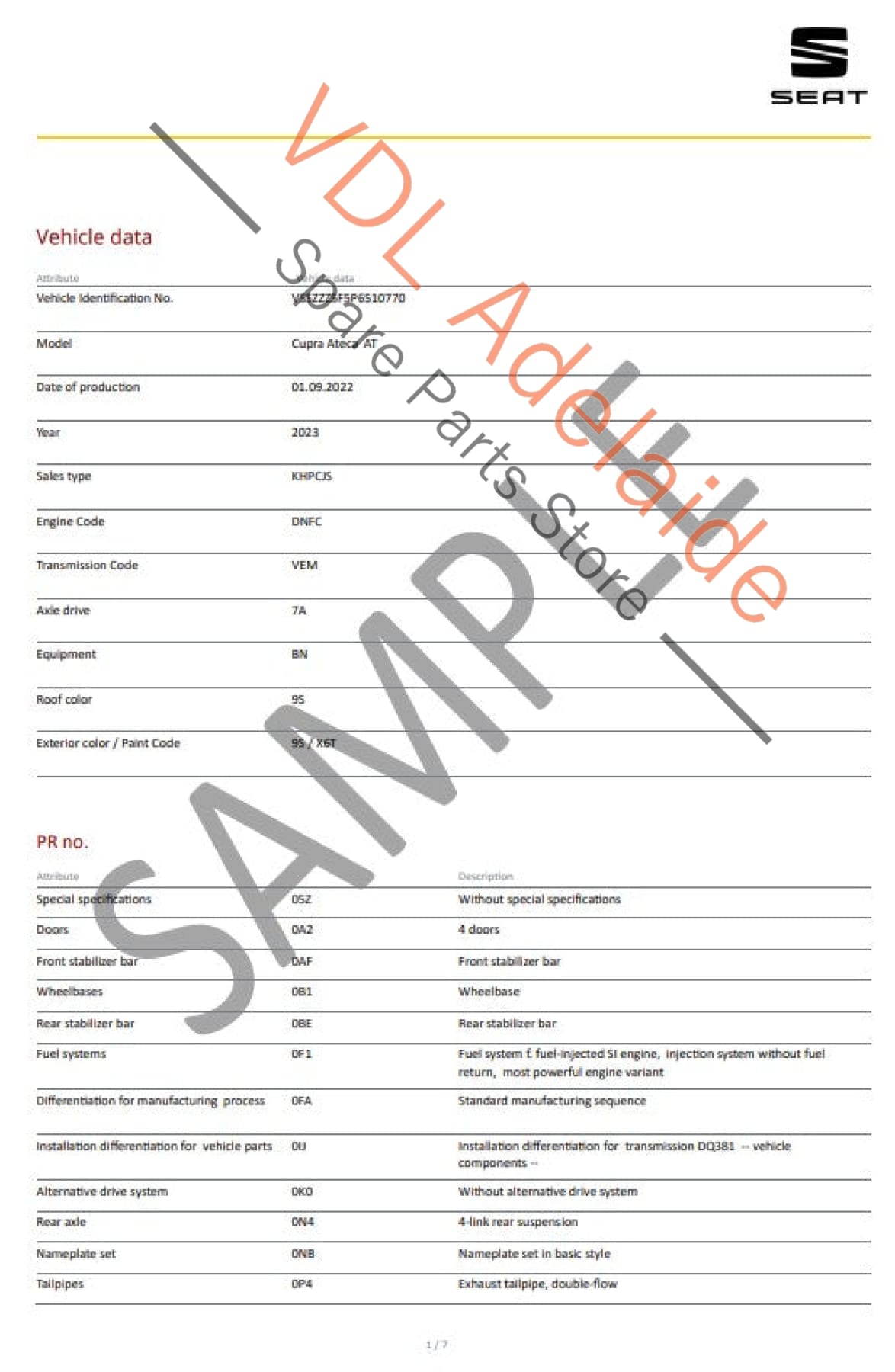 Cupra Seat VIN Digital Report - Option Codes Build Date Colour