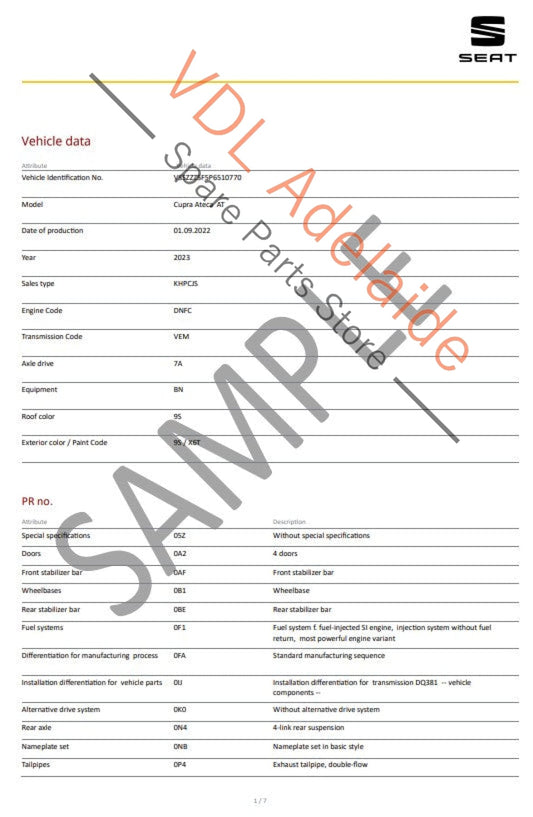 Cupra Seat VIN Digital Report - Option Codes Build Date Colour