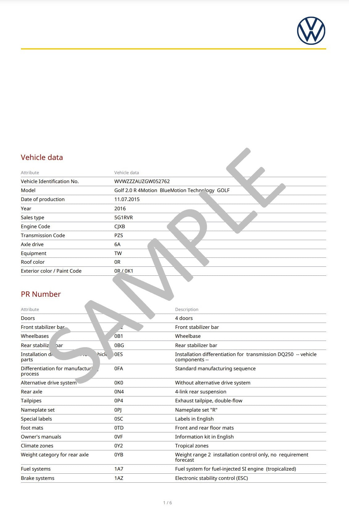 Volkswagen VW VIN Digital Report - Option Codes Build Date Colour