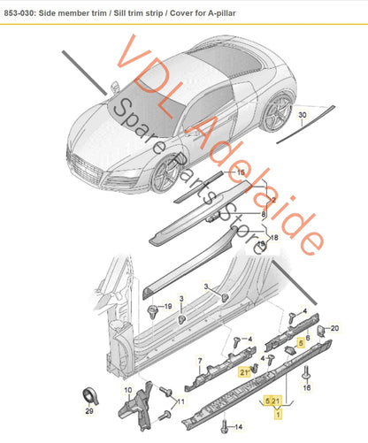 Audi R8 V10 Left Side Sideskirt Trim Rocker Panel Cover Moulding 420853855B