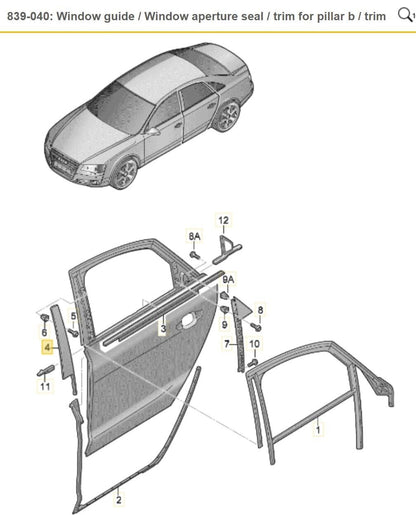 Audi A8 4H Right Rear Door B Pillar Trim Moulding Gloss Black 4H0839902B 5FQ